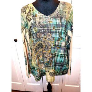 Vintage Y2K Tan Green Plaid Medallion Embellished Sweater L Fairy Whimsygoth 00s